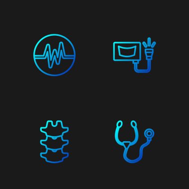 Set line Stethoscope, Human spine, Heart rate and Ultrasound. Gradient color icons. Vector.