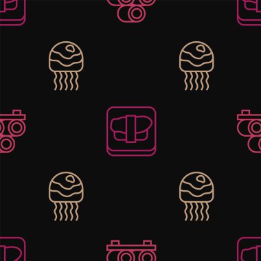 Set line Sushi on cutting board, Jellyfish and on seamless pattern. Vector.