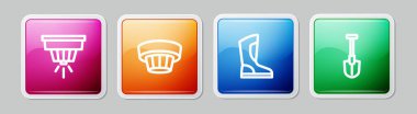 Set line Smoke alarm system Fire boots and shovel. Colorful square button. Vector.
