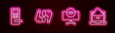 Set line Digital door lock Air headphones Smart Tv system and Network cloud connection. Glowing neon icon. Vector.
