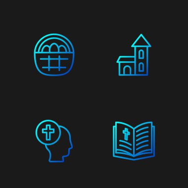 Set line Holy bible book Priest Basket with easter eggs and Church building. Gradient color icons. Vector.
