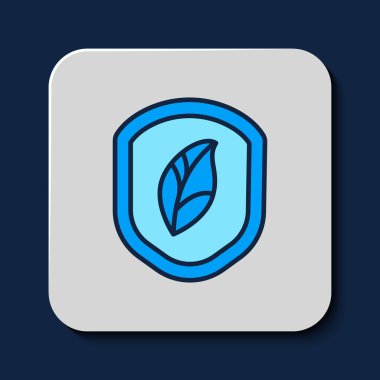 Filled outline Shield with leaf icon isolated on blue background. Eco-friendly security shield with leaf. Vector.