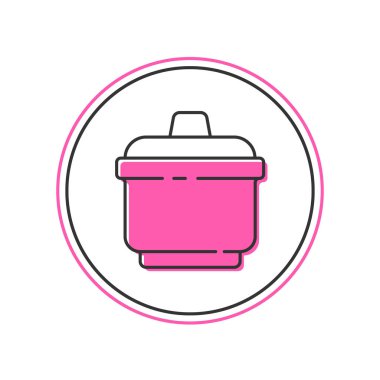 Beyaz arkaplanda izole edilmiş ana hatlı tencere ikonu. Haşlama ya da güveç besin sembolü. Vektör.