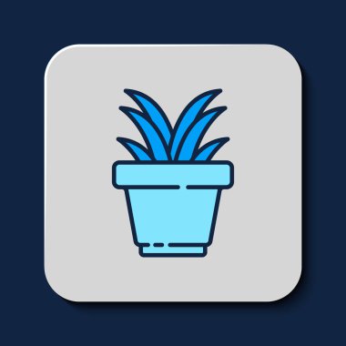 Doldurulmuş bitki, mavi arkaplanda izole edilmiş bir çömlek simgesi. Tencerede yetişen bir bitki. Saksı bitkisi işareti. Vektör.