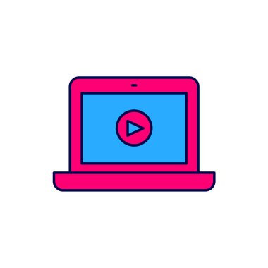 Doldurulmuş Online oynatma simgesi beyaz arkaplanda izole edildi. Dizüstü bilgisayar ve oyun işaretli film şeridi. Vektör.