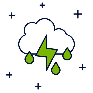 Filled outline Cloud with rain and lightning icon isolated on white background. Rain cloud precipitation with rain drops.Weather icon of storm. Vector.