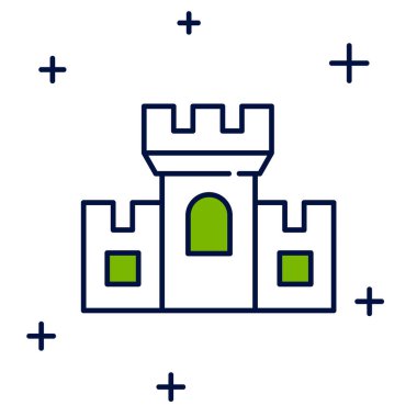 Beyaz arkaplanda izole edilmiş ana hatlı Castle simgesi. Kulesi olan bir ortaçağ kalesi. Düşmanlardan koruma. Şehrin güvenilirliği ve savunması. Vektör.