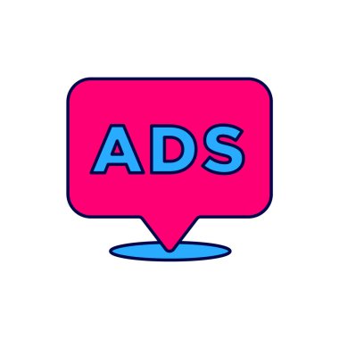 Doldurulmuş ana hat reklam simgesi beyaz arkaplanda izole edildi. Pazarlama ve tanıtım süreci kavramı. İlgili reklamlar. Sosyal medya reklamcılığı. Vektör.