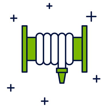 Beyaz arka planda izole edilmiş ana hatlı itfaiye hortumu makarası simgesi. Vektör.