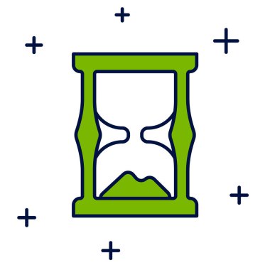 Beyaz arka planda izole edilmiş eski kum saati simgesiyle doldurulmuş. Kum saati işareti. İş ve zaman yönetimi kavramı. Vektör.