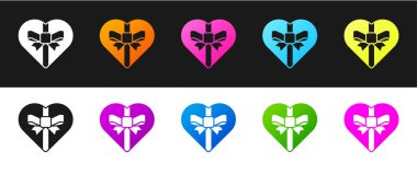 Set Candy in heart shaped box and bow icon isolated on black and white background. Valentines Day. Vector.