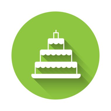 White Wedding cake icon isolated with long shadow background. Green circle button. Vector.