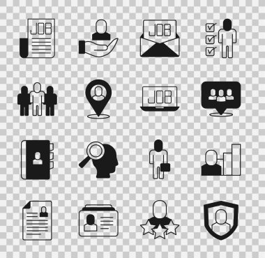 Set User protection Productive human Project team base Search job Worker location and icon. Vector.