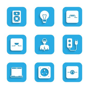 Set Electrician Electrical outlet Ohmmeter extension Laptop Buzzer in electronic circuit Inductor and Music player icon. Vector.