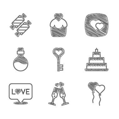 Set Key in heart shape Glass of champagne Balloons form Wedding cake Love text Bottle with love potion Heart and Candy icon. Vector.