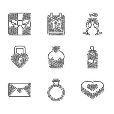 Set Wedding cake rings Candy heart shaped box Please do not disturb with Envelope Valentine Castle the of Glass champagne and Gift icon. Vector.