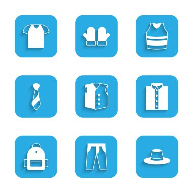 Set Waistcoat Pants Man hat Shirt School backpack Tie Undershirt and T-shirt icon. Vector.