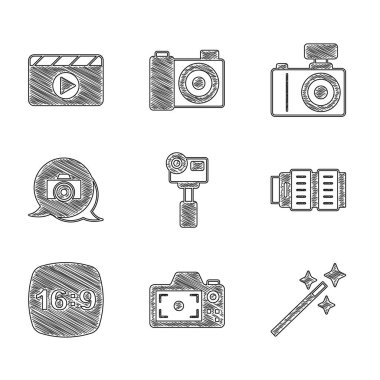 Set Action extreme camera Photo retouching Camera photo lens frame 16 and Movie clapper icon. Vector.