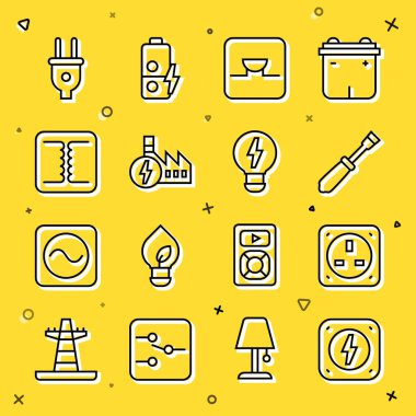 Set line Lightning bolt Electrical outlet Screwdriver Buzzer electronic circuit Nuclear power plant transformer plug and Creative lamp light idea icon. Vector.