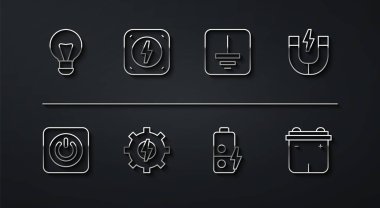 Set line Creative lamp light idea Power button Magnet Battery charge Gear and lightning Lightning bolt Car battery and Electrical symbol ground icon. Vector.