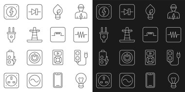 Set line Creative lamp light idea Electric extension Resistor in electronic circuit Light bulb with leaf tower line plug Lightning bolt and Inductor icon. Vector.