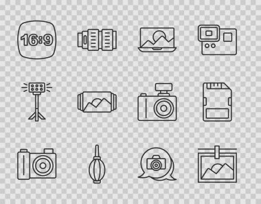 Set line Photo camera frame retouching Dust blower 16 and SD card icon. Vector.