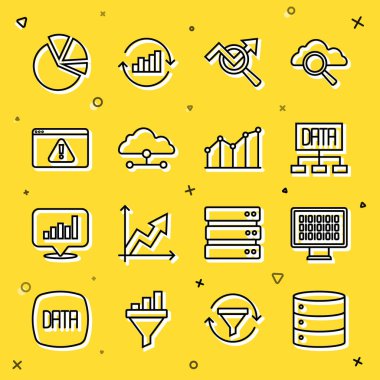 Set line Server Binary code Data analysis Search data Network cloud connection Browser with exclamation mark Pie chart infographic and icon. Vector.