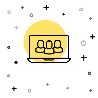 Siyah hat görüntülü sohbet konferansı simgesi beyaz arkaplanda izole edildi. Çevrimiçi iş görüşmesi formu. Uzak proje yönetimi. Rastgele dinamik şekiller. Vektör.