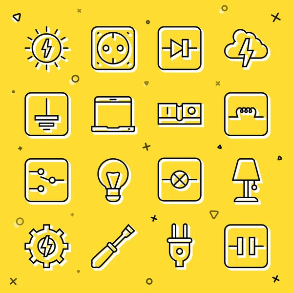 Set line Electrolytic capacitor Table lamp Inductor in electronic circuit Diode Laptop Electrical symbol ground Solar energy panel and light switch icon. Vector.