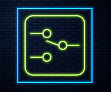 Glowing neon line Switch in electronic circuit icon isolated on brick wall background. Vector.