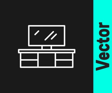 Beyaz çizgi televizyon masası simgesi siyah arkaplanda izole edildi. Vektör.