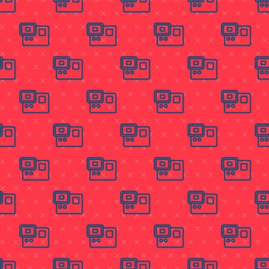 Mavi çizgi Eylem ekstrem kamera simgesi kırmızı arkaplanda izole edilmiş kusursuz desen. Ekstrem sporları çekmek için video kamera ekipmanı. Vektör.