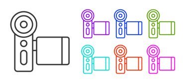 Siyah çizgi sinema kamerası simgesi beyaz arkaplanda izole edildi. Video kamera. Film tabelası. Film projektörü. Simgeleri renklendirin. Vektör.