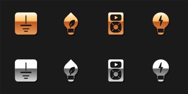 Set Electrical symbol ground Light bulb with leaf Music player and Creative lamp light idea icon. Vector.