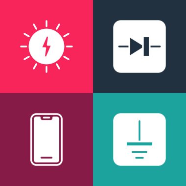 Set pop art Electrical symbol ground Mobile phone Diode in electronic circuit and Solar energy panel icon. Vector.
