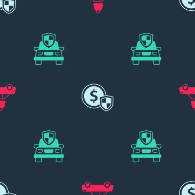 Set Car insurance Money with shield and on seamless pattern. Vector.
