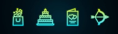 Set line Shopping bag with heart Wedding cake Valentines day flyer and Bow and arrow. Glowing neon icon. Vector.