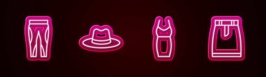 Set line Leggings Man hat Woman dress and Skirt. Glowing neon icon. Vector.