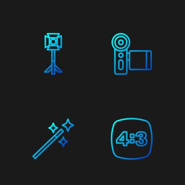 Set line Photo frame 4 retouching Studio light bulb softbox and Cinema camera. Gradient color icons. Vector.