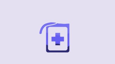 Blue Cross hospital medical tag icon isolated on purple background. First aid. Diagnostics symbol. Medicine and pharmacy sign. 4K Video motion graphic animation.