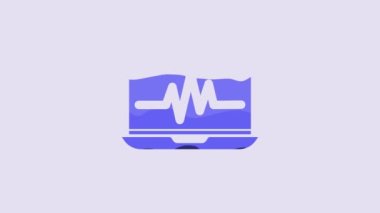 Blue Laptop with cardiogram icon isolated on purple background. Monitoring icon. ECG monitor with heart beat hand drawn. 4K Video motion graphic animation.
