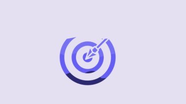 Blue Target with arrow icon isolated on purple background. Dart board sign. Archery board icon. Dartboard sign. Business goal concept. 4K Video motion graphic animation.