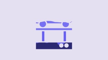 Blue Repair car on a lift icon isolated on purple background. Repair of the underbody, suspension, wheels and engine. 4K Video motion graphic animation.