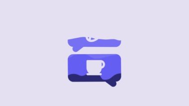 Blue Coffee and conversation icon isolated on purple background. Coffee talk. Speech bubbles chat. 4K Video motion graphic animation.