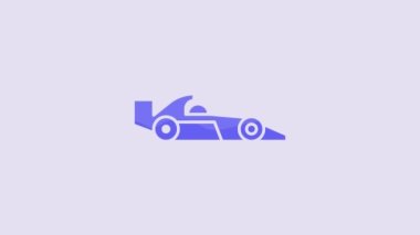 Mavi Formula 1 yarış arabası ikonu mor arka planda izole edildi. 4K Video hareketli grafik canlandırması.