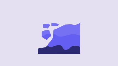 Blue Landslide icon isolated on purple background. Stones fall from the rock. Boulders rolling down a hill. Rockfall. 4K Video motion graphic animation.