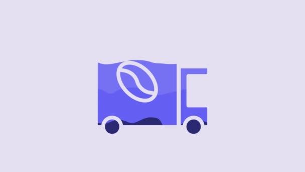 紫色の背景に隔離されたブルーコーヒーストリートトラックマシンアイコン 配達コーヒー 4Kビデオモーショングラフィックアニメーション — ストック動画