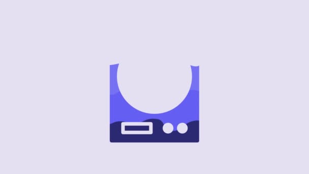 青色の電子スケールアイコンは紫色の背景に孤立しています 重量測定装置 4Kビデオモーショングラフィックアニメーション — ストック動画