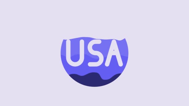 紫色の背景に青色のアメリカのラベルアイコンが隔離されている アメリカ合衆国 4Kビデオモーショングラフィックアニメーション — ストック動画