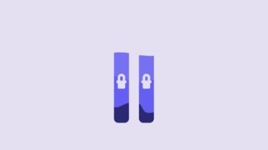 Blue Ski and sticks icon isolated on purple background. Extreme sport. Skiing equipment. Winter sports icon. 4K Video motion graphic animation.